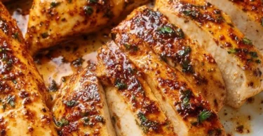 Juicy baked chicken breast on a plate, ready to serve for dinner.