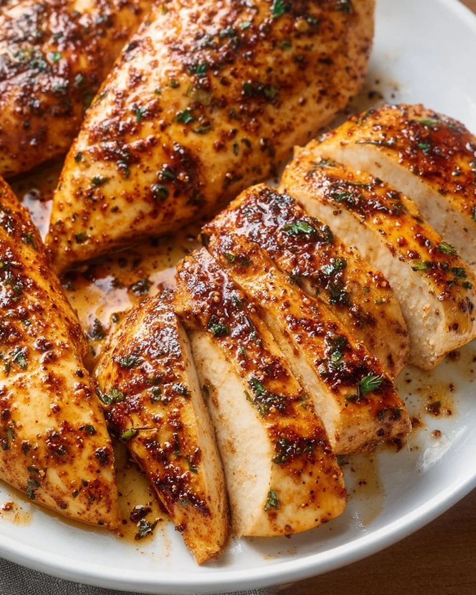 Juicy baked chicken breast on a plate, ready to serve for dinner.
