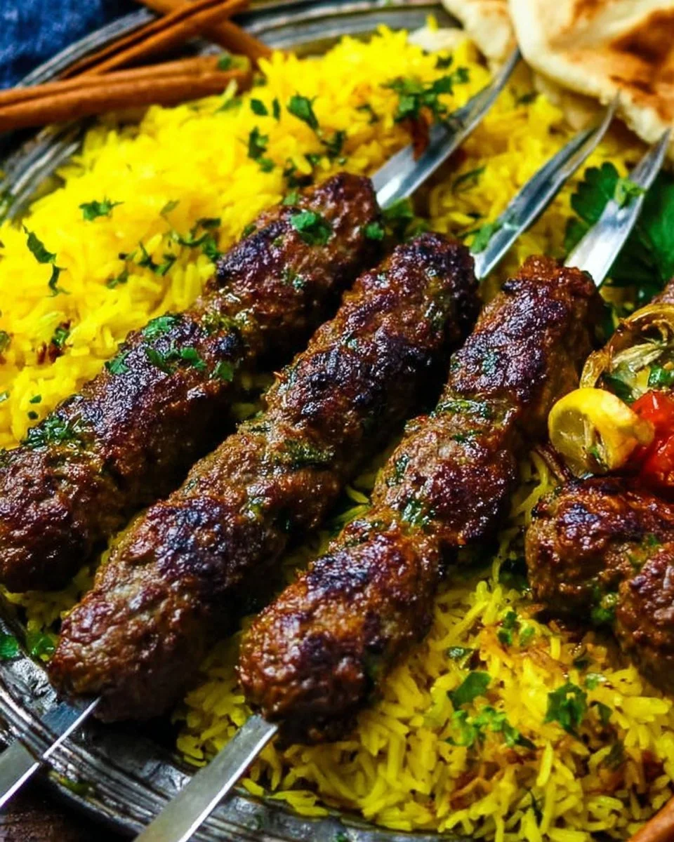 Plate of juicy Middle Eastern kebabs garnished with fresh herbs and vegetables