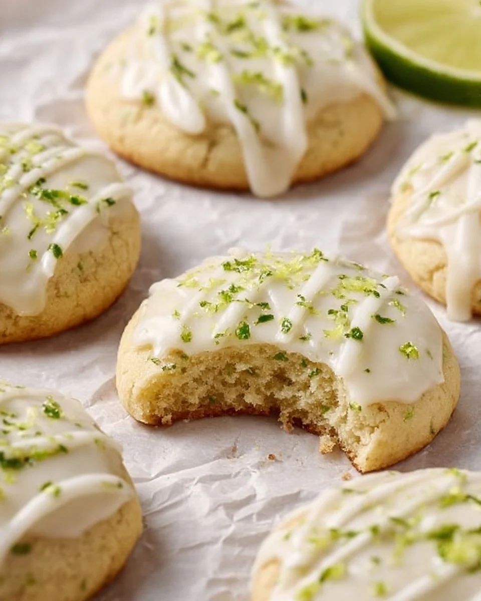 Plate of homemade key lime cookies with lime slices garnish
