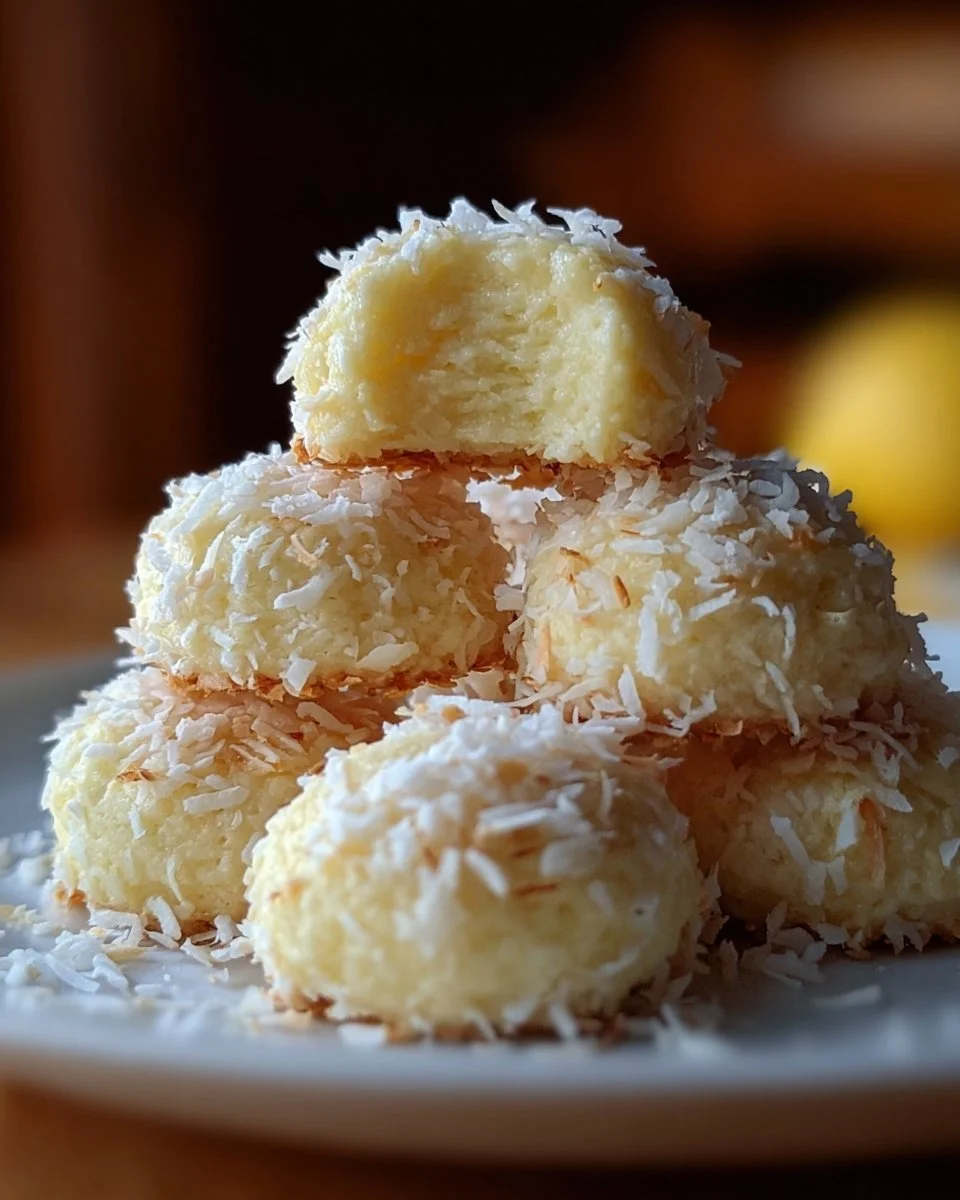 Lemon Coconut Cheesecake Cookies arranged on a plate with zest and coconut flakes.