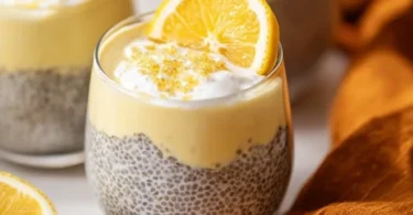 Lemon Cream Chia Pudding made with oat milk, topped with fresh lemon zest.