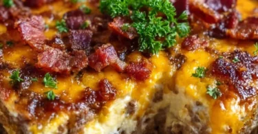 Low-carb bacon cheeseburger casserole in a baking dish topped with cheese and bacon