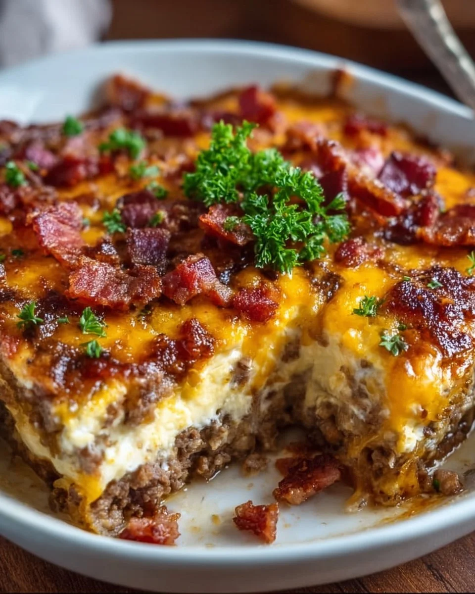 Low-carb bacon cheeseburger casserole in a baking dish topped with cheese and bacon
