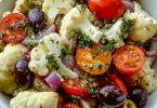 A vibrant Mediterranean marinated cauliflower salad served in a bowl with fresh ingredients.