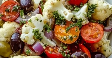 A vibrant Mediterranean marinated cauliflower salad served in a bowl with fresh ingredients.