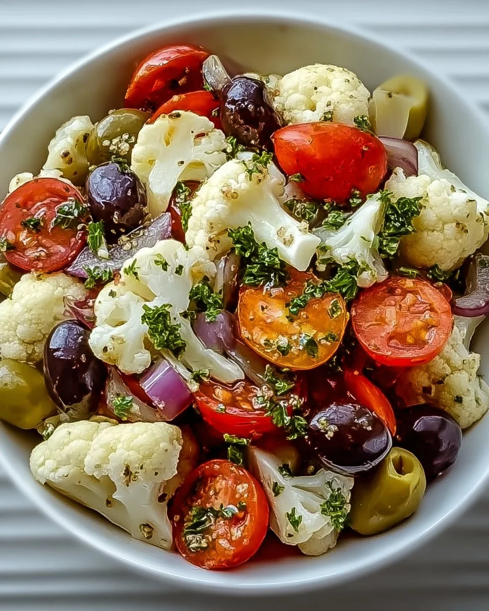 A vibrant Mediterranean marinated cauliflower salad served in a bowl with fresh ingredients.