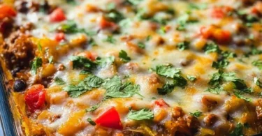 Delicious Mexican spaghetti squash casserole topped with cheese and spices