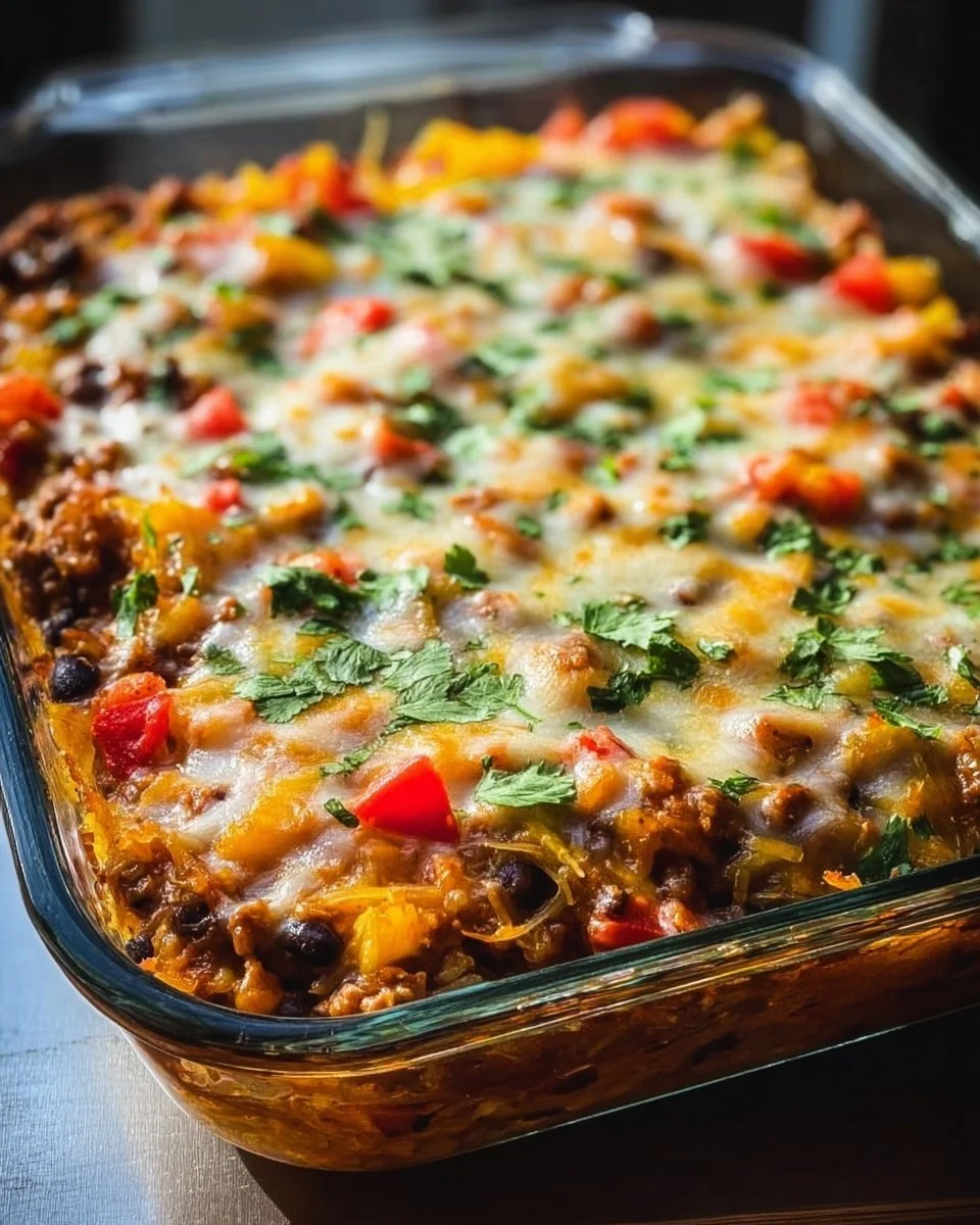 Delicious Mexican spaghetti squash casserole topped with cheese and spices