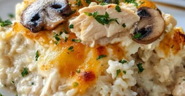 Delicious Million Dollar Chicken and Rice Casserole served in a baking dish