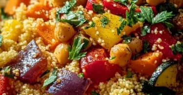Delicious Moroccan Couscous with Roast Vegetables served in a bowl