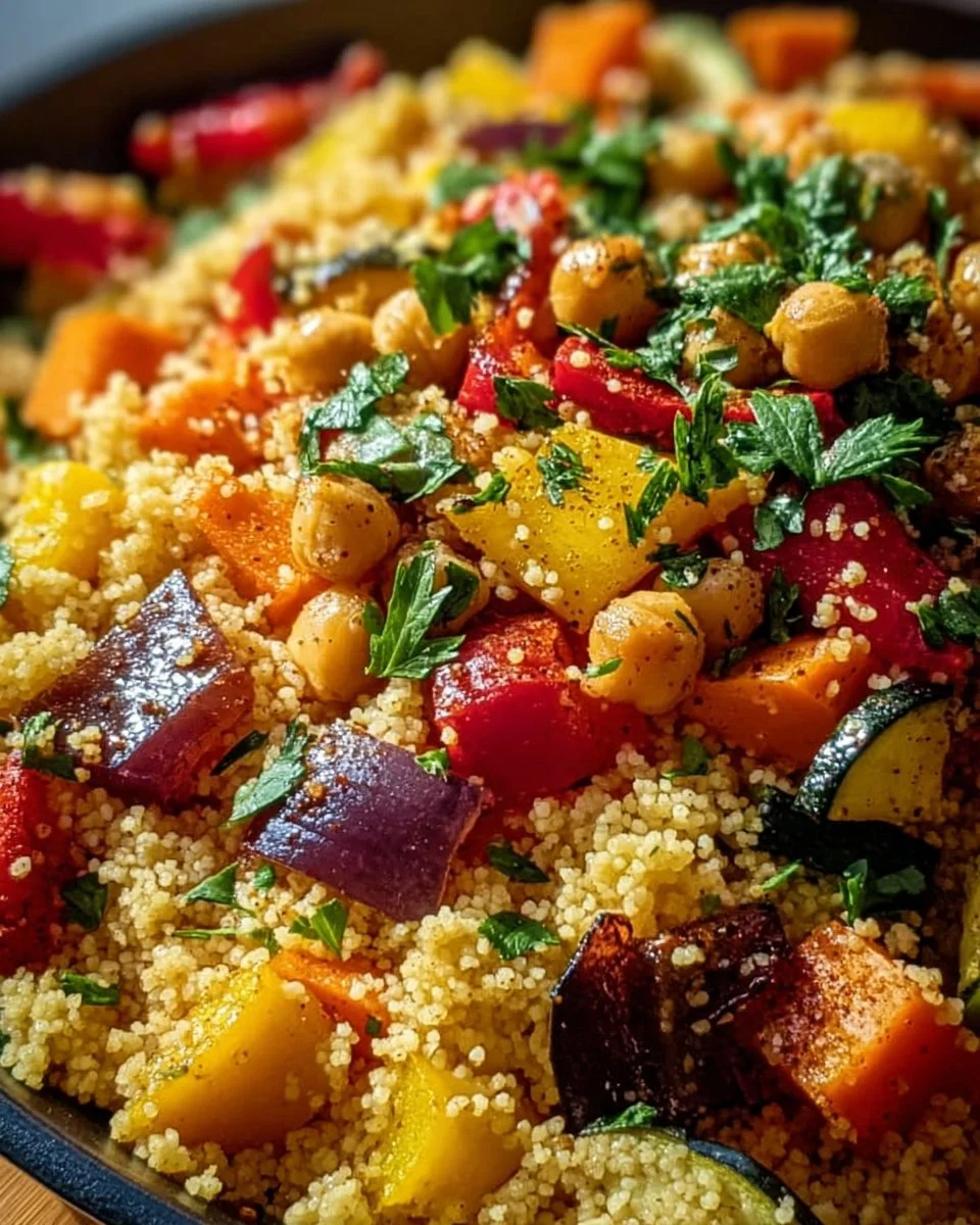Delicious Moroccan Couscous with Roast Vegetables served in a bowl