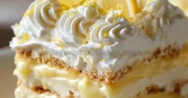 Delicious No-Bake Lemon Eclair Cake topped with fresh lemon zest and whipped cream