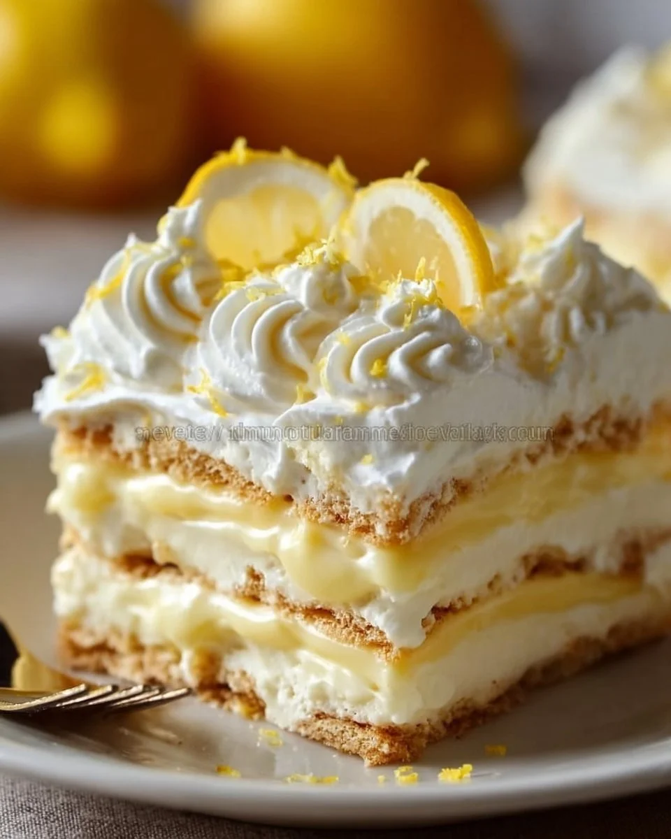 Delicious No-Bake Lemon Eclair Cake topped with fresh lemon zest and whipped cream