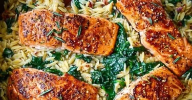 One skillet salmon with lemon orzo, a quick and healthy meal.