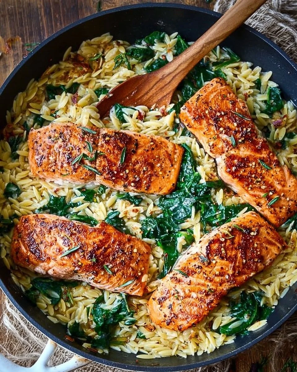One skillet salmon with lemon orzo, a quick and healthy meal.