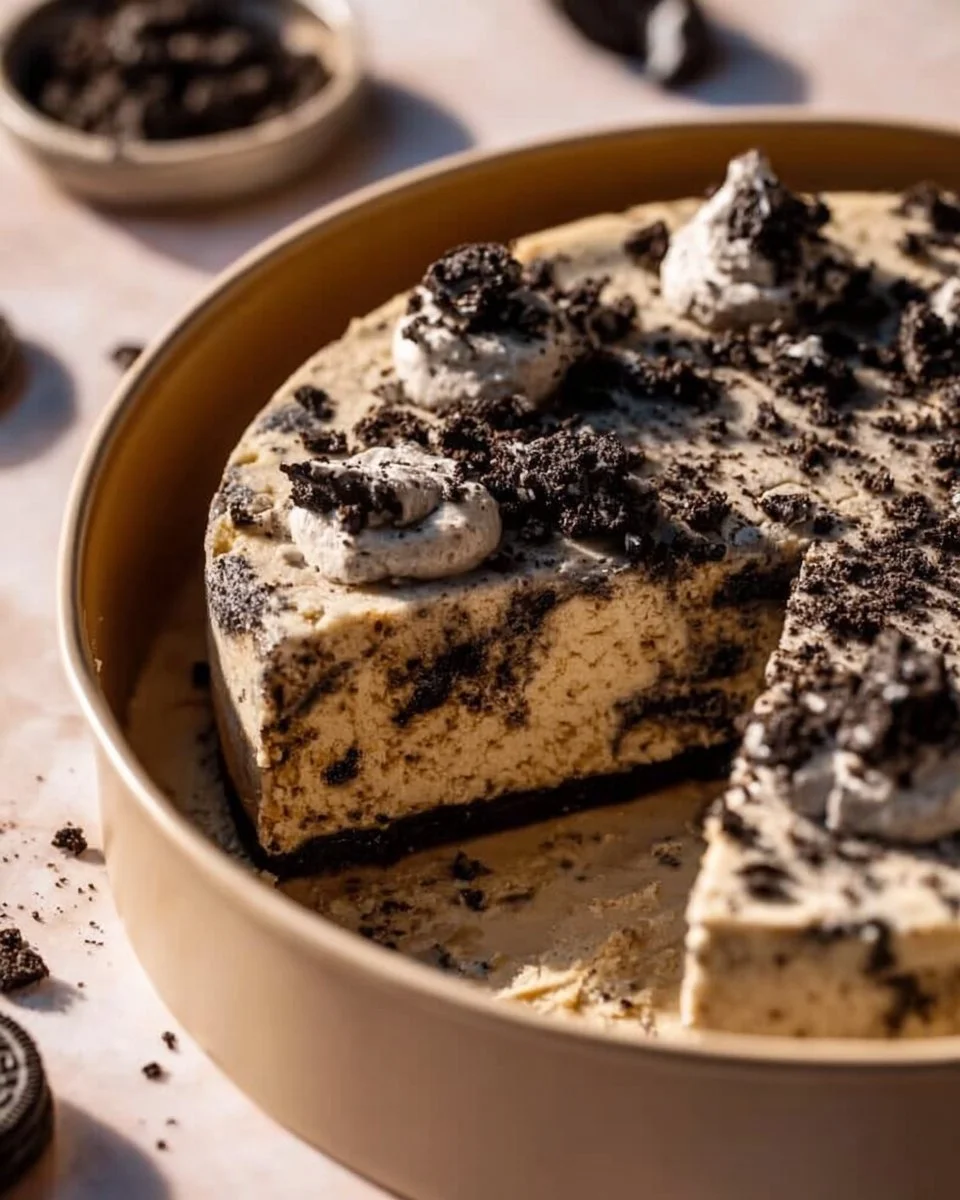 Delicious Oreo Cookie Cake topped with crushed Oreos and creamy frosting