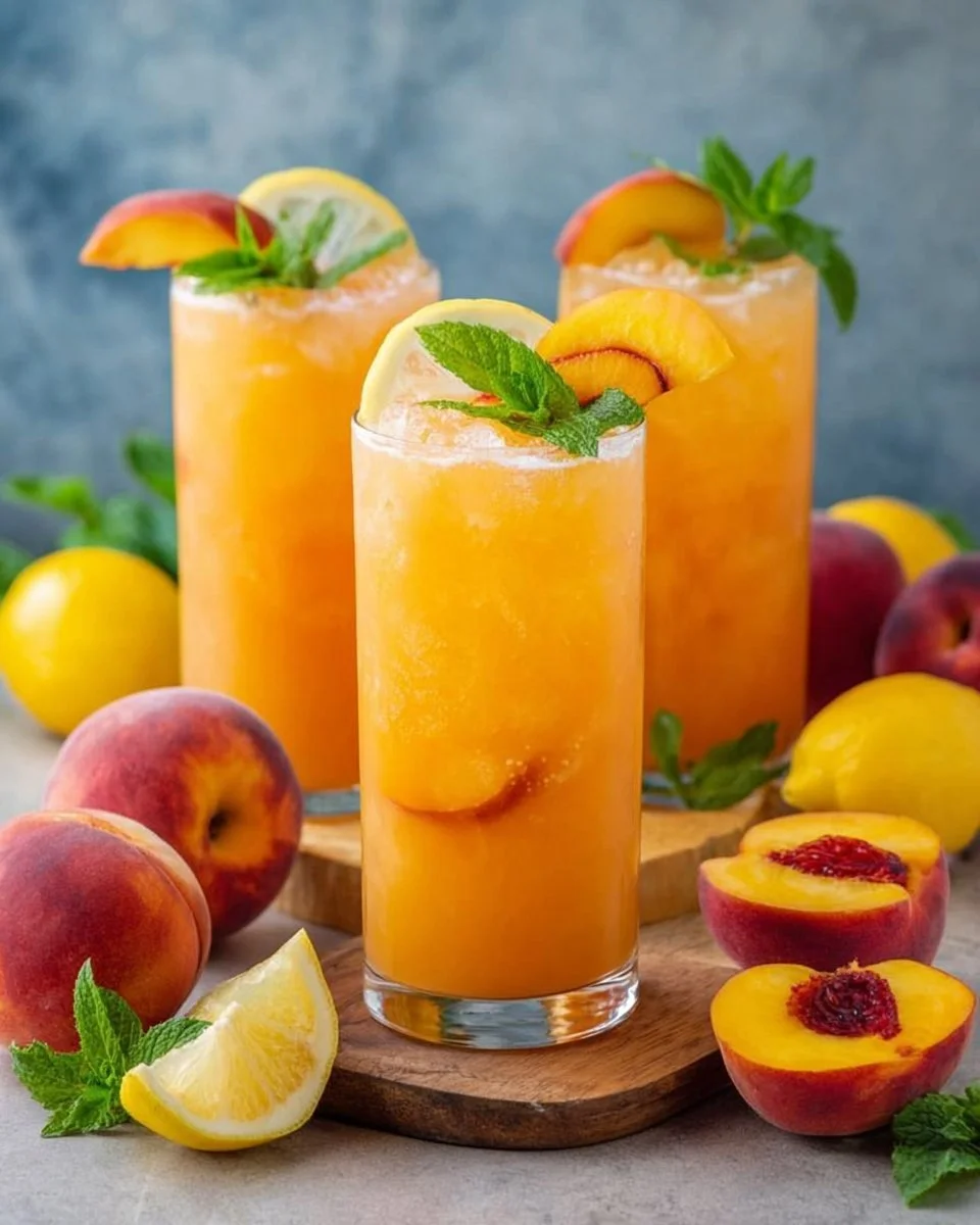 A refreshing glass of homemade Peach Lemonade garnished with fresh peach slices.