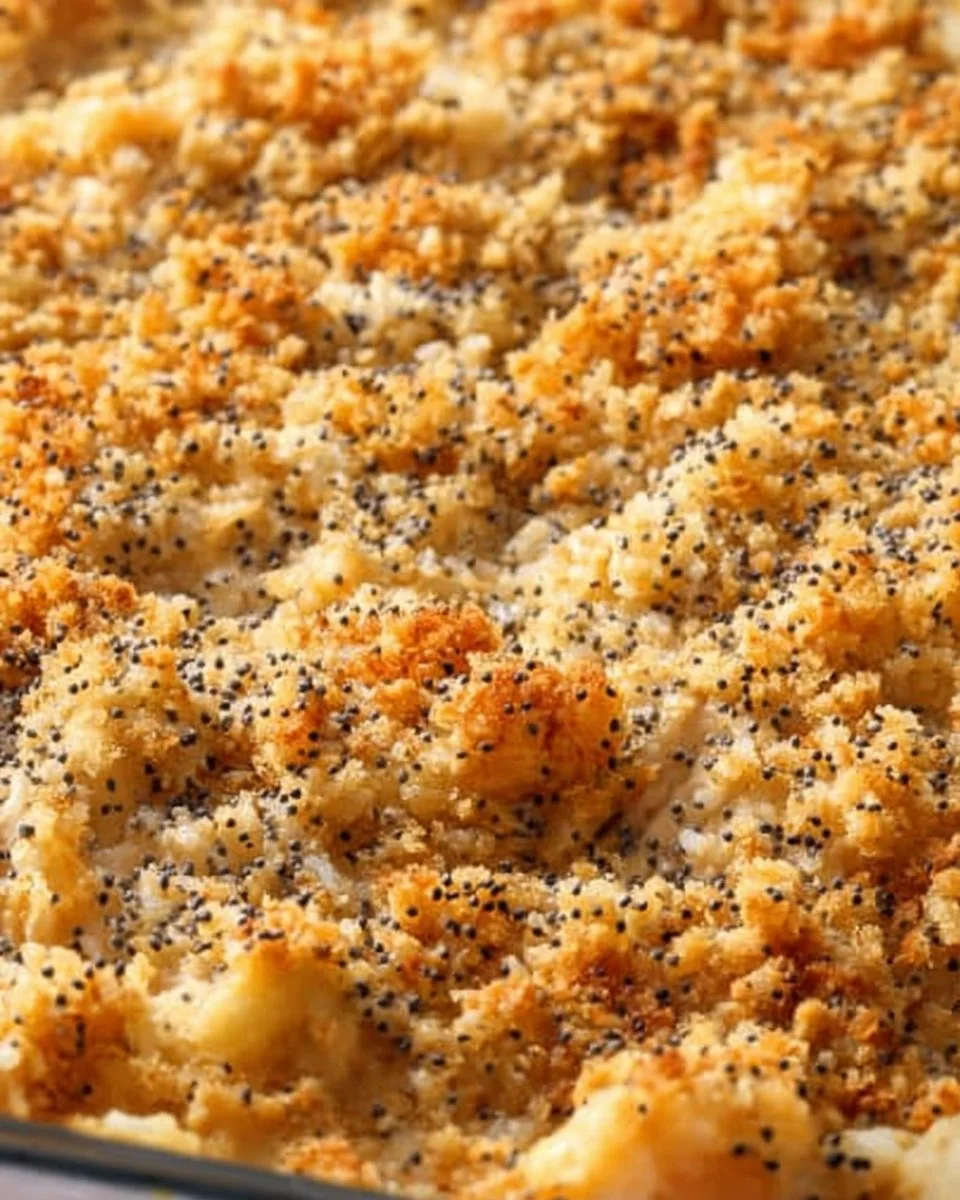 Delicious Pioneer Woman Poppy Seed Chicken Casserole topped with poppy seeds.