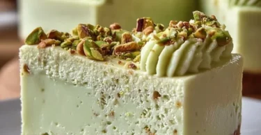 Delicious no-bake pistachio cheesecake topped with crushed nuts