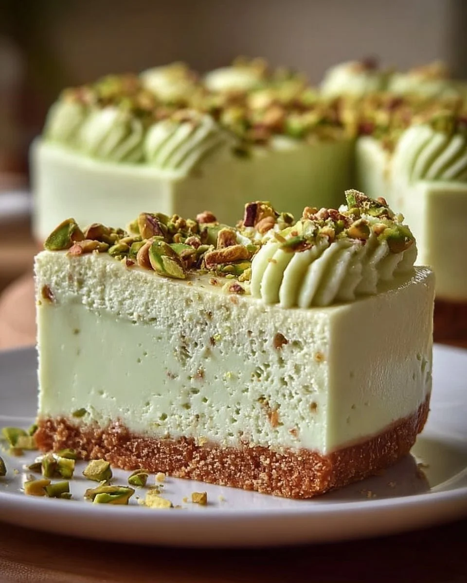 Delicious no-bake pistachio cheesecake topped with crushed nuts