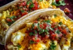 Delicious potato, egg, and cheese breakfast tacos served on a plate.