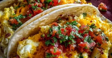 Delicious potato, egg, and cheese breakfast tacos served on a plate.