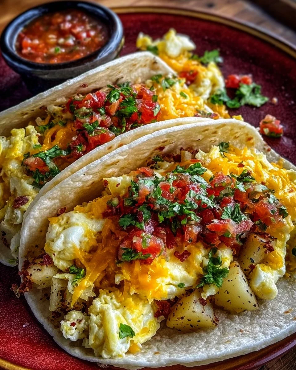 Delicious potato, egg, and cheese breakfast tacos served on a plate.