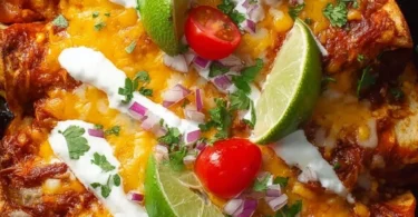 Delicious Potato Enchiladas topped with sauce and cheese.