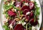 Roasted beet salad with walnuts, goat cheese, and honey balsamic dressing