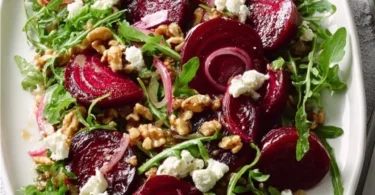 Roasted beet salad with walnuts, goat cheese, and honey balsamic dressing