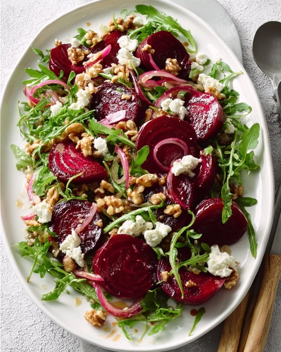 Roasted beet salad with walnuts, goat cheese, and honey balsamic dressing