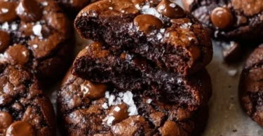 Delicious salted brownie cookies on a white plate with a sprinkle of sea salt