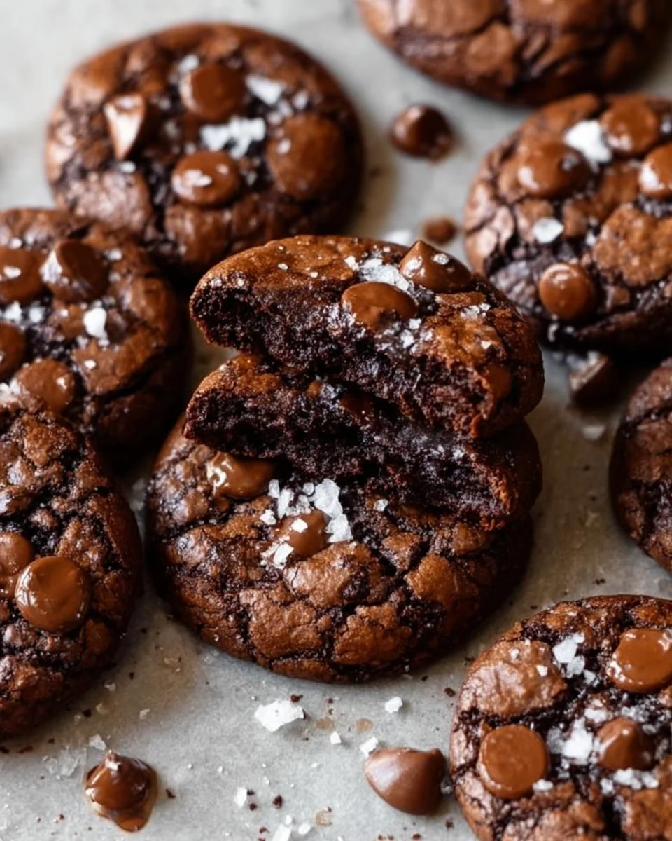 Delicious salted brownie cookies on a white plate with a sprinkle of sea salt