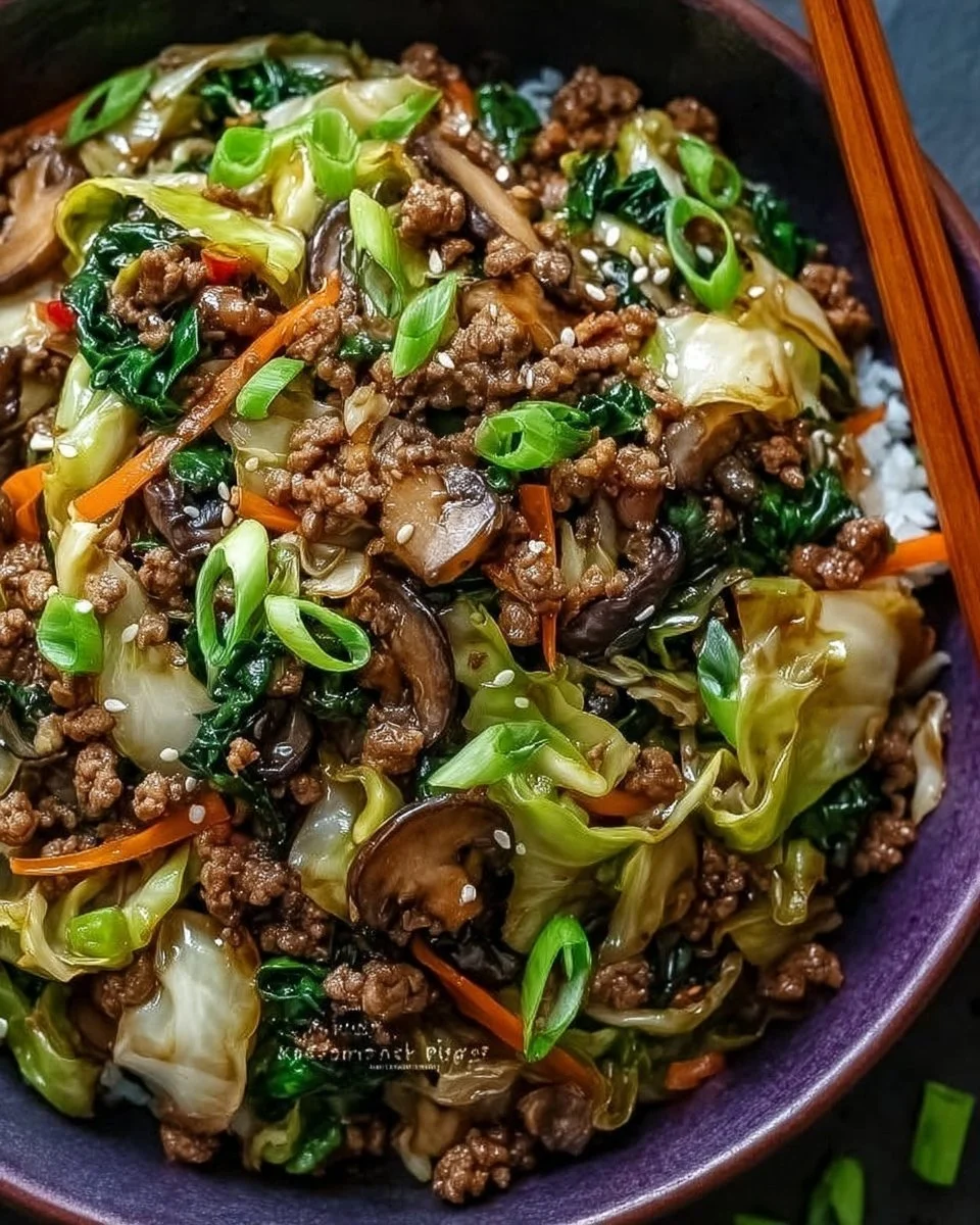 Savory Chinese ground beef and cabbage stir fry on a plate