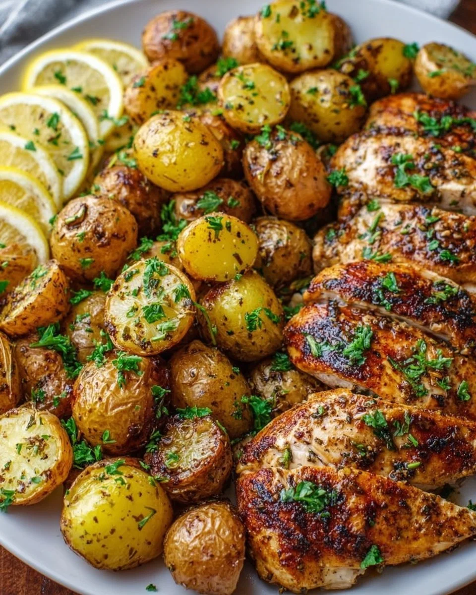 Deliciously roasted Sheet Pan Lemon Balsamic Chicken with potatoes and herbs