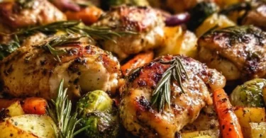 Sheet pan lemon herb chicken with roasted vegetables on a table