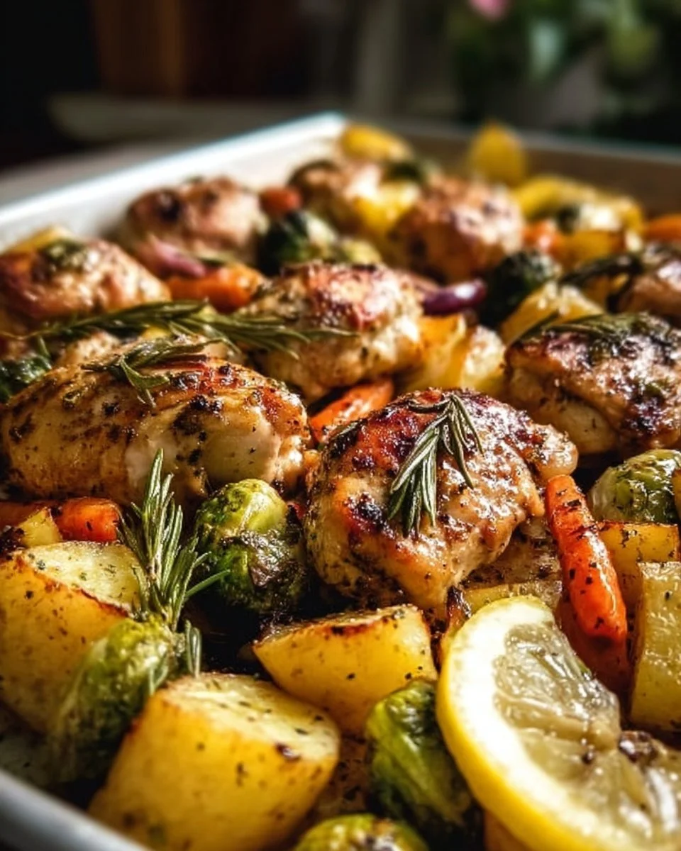 Sheet pan lemon herb chicken with roasted vegetables on a table
