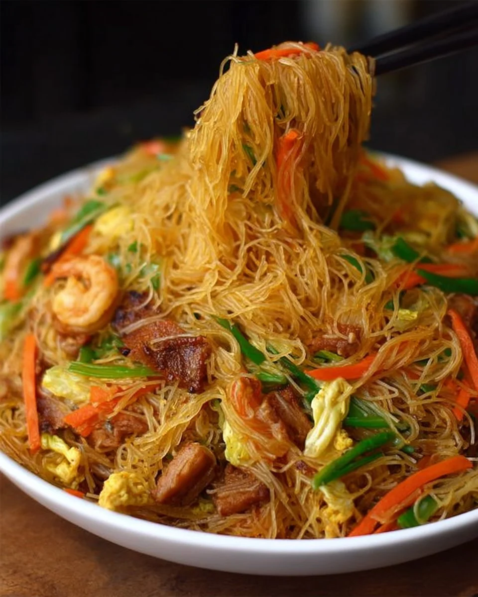 A plate of colorful Singapore Noodles with vegetables and shrimp