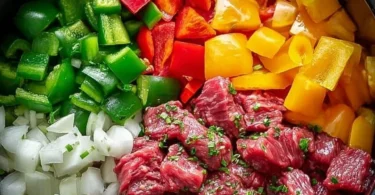 Slow cooker honey garlic beef served with rice and vegetables.