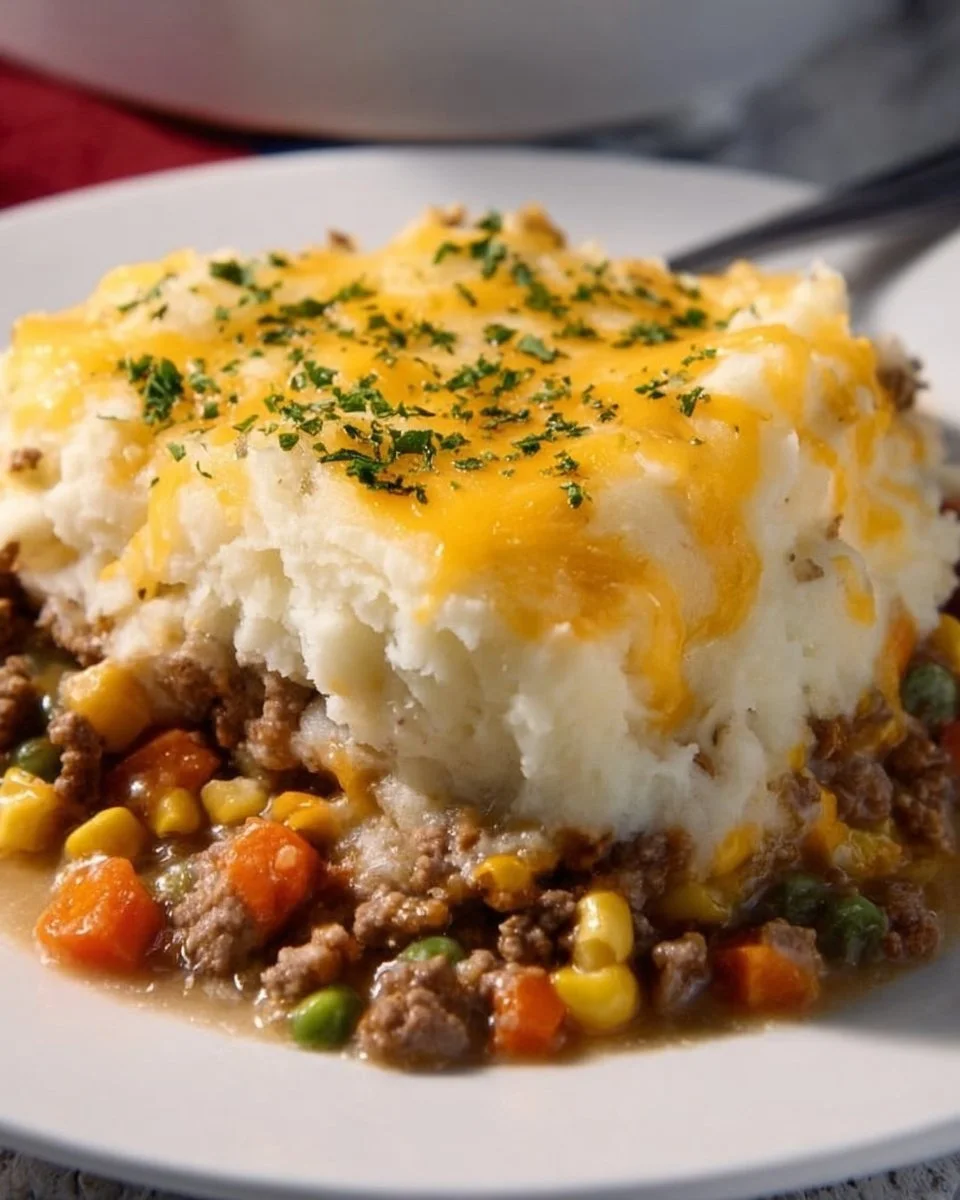 Delicious slow cooker shepherd's pie with meat and mashed potatoes
