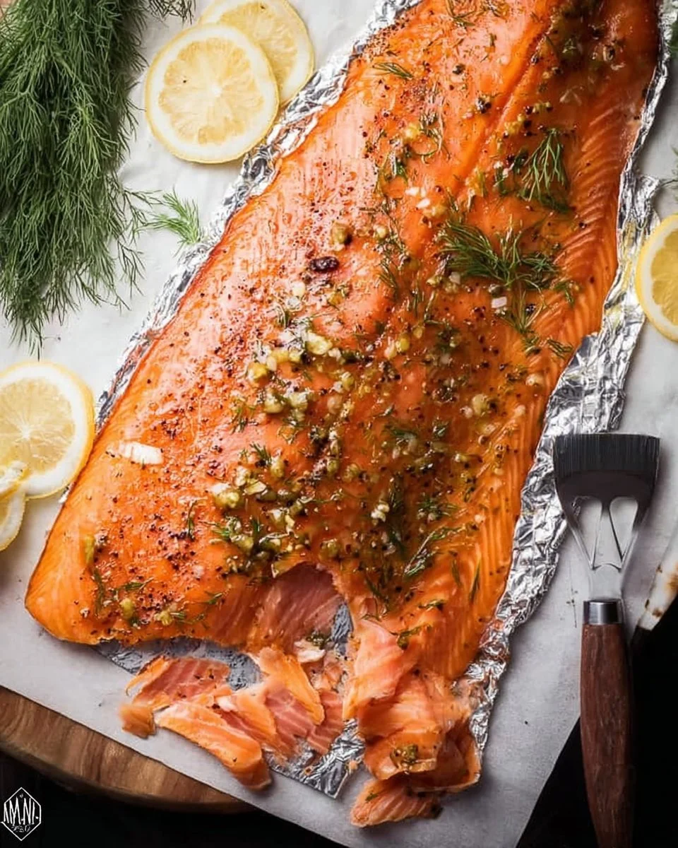 Delicious smoked salmon displayed on a wooden platter with fresh herbs.