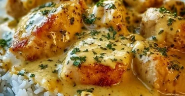 Delicious plate of smothered chicken served with rice and garnished with herbs.