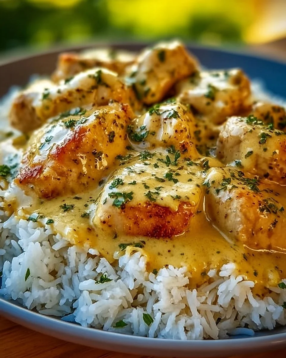 Delicious plate of smothered chicken served with rice and garnished with herbs.