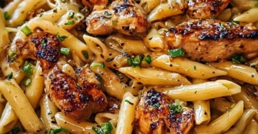 Delicious sticky smoky garlic butter chicken pasta served in a bowl