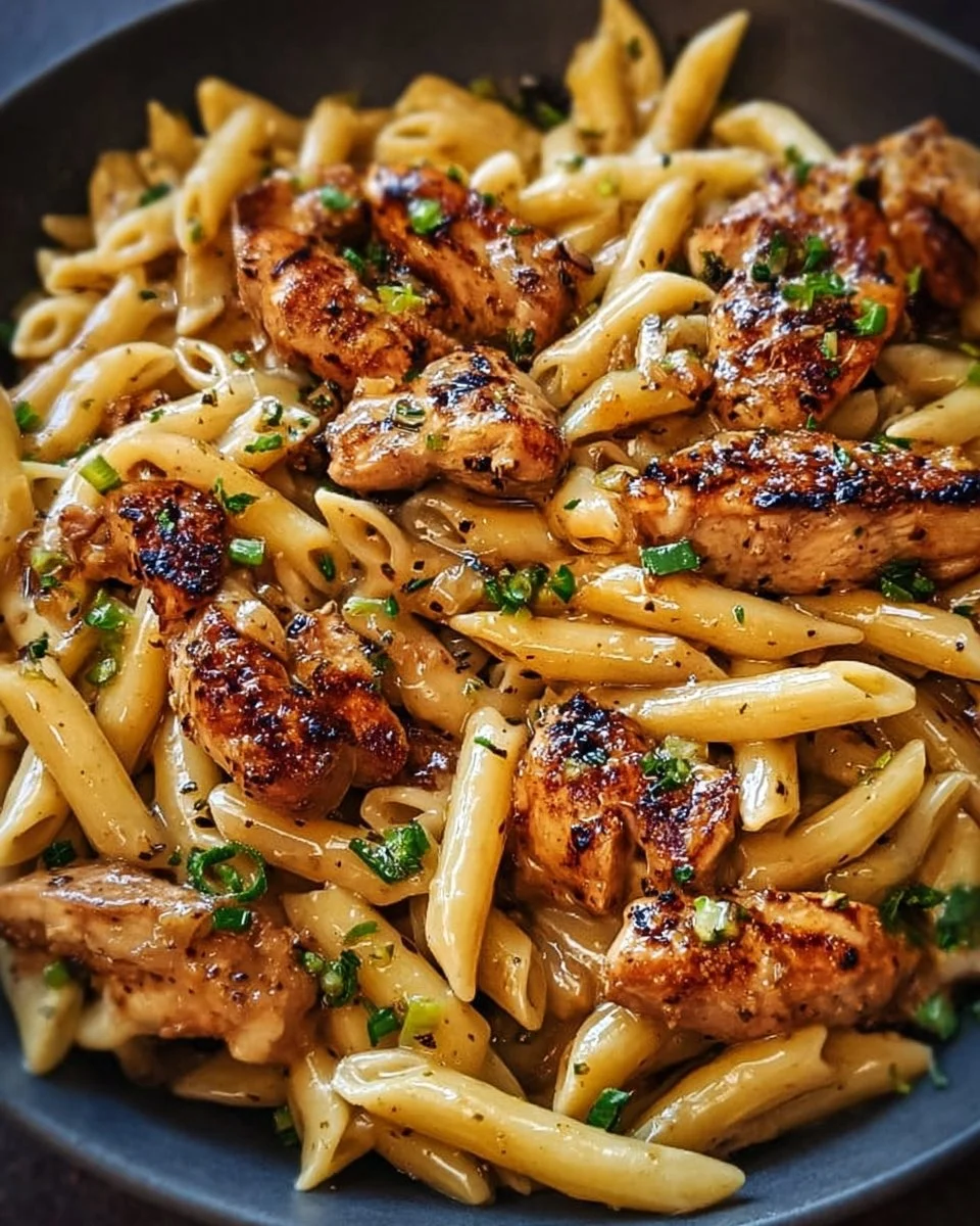 Delicious sticky smoky garlic butter chicken pasta served in a bowl