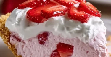 Slice of Strawberry Cream Cheese Pie topped with fresh strawberries and whipped cream