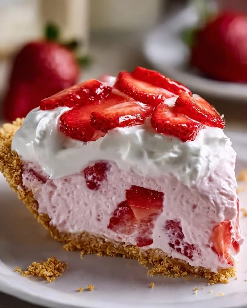 Slice of Strawberry Cream Cheese Pie topped with fresh strawberries and whipped cream