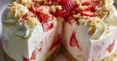 Delicious slice of strawberry crunch cheesecake with fresh strawberries on top