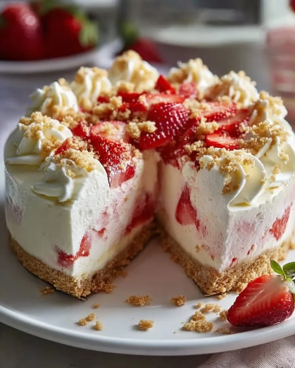 Delicious slice of strawberry crunch cheesecake with fresh strawberries on top